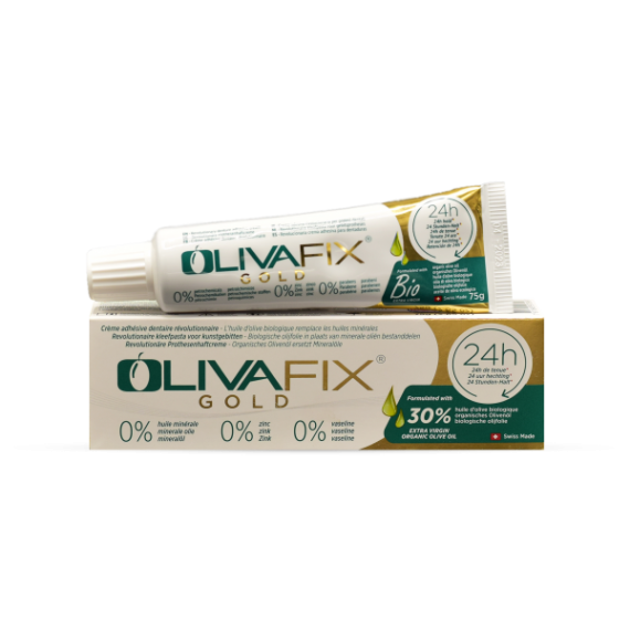 OlivaFix® Gold Dental Adhesive Cream, 75g Containing 30% Organic Olive Oil